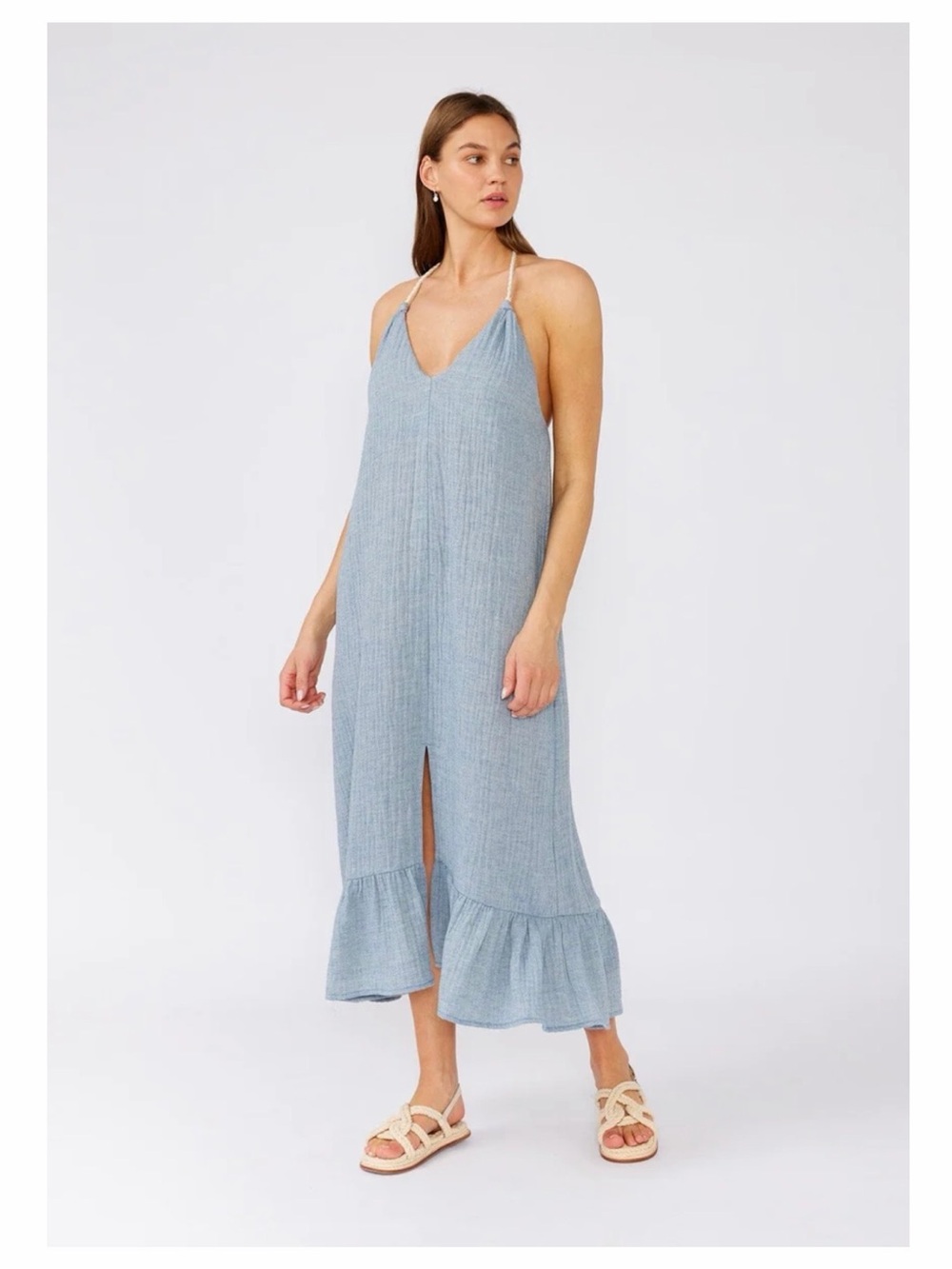 Lovestitch Tan Lines Halter Adjustable Sun Dress -Lightweight -Blue Ruffle-Hem